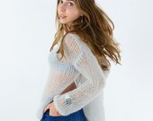 Gray mohair sweater, Off shoulder light sweater, Pastel sweater for ladies, Loose knit sweater, Embellished sweater, Lurex metallic sweater