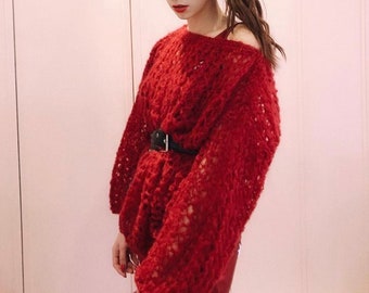 Red burgundy mohair sweater Big loose spring sweater Oversized warm sweater Handknit chunky knit sweater Off shoulder long knit  sweater