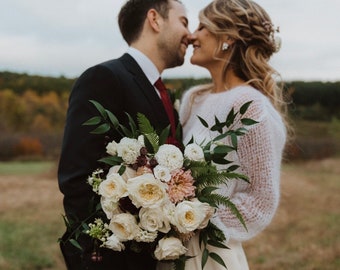 Suéter blanco nupcial Suéter de mohair de boda Cubierta de boda ligera Envoltura nupcial de punto Encogimiento de lana de boda Suéter elegante de dama de honor