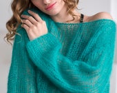 Green mohair sweater, Off shoulder sexy sweater, Light chunky knit sweater, Bohemian wool sweater, Autumn chic sweater, Bright sweater