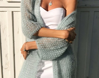 Embroidered blue mohair light cardigan, Wedding crochet cardigan, loose knit cardigan, bridal cardigan with lurex, wedding cover up
