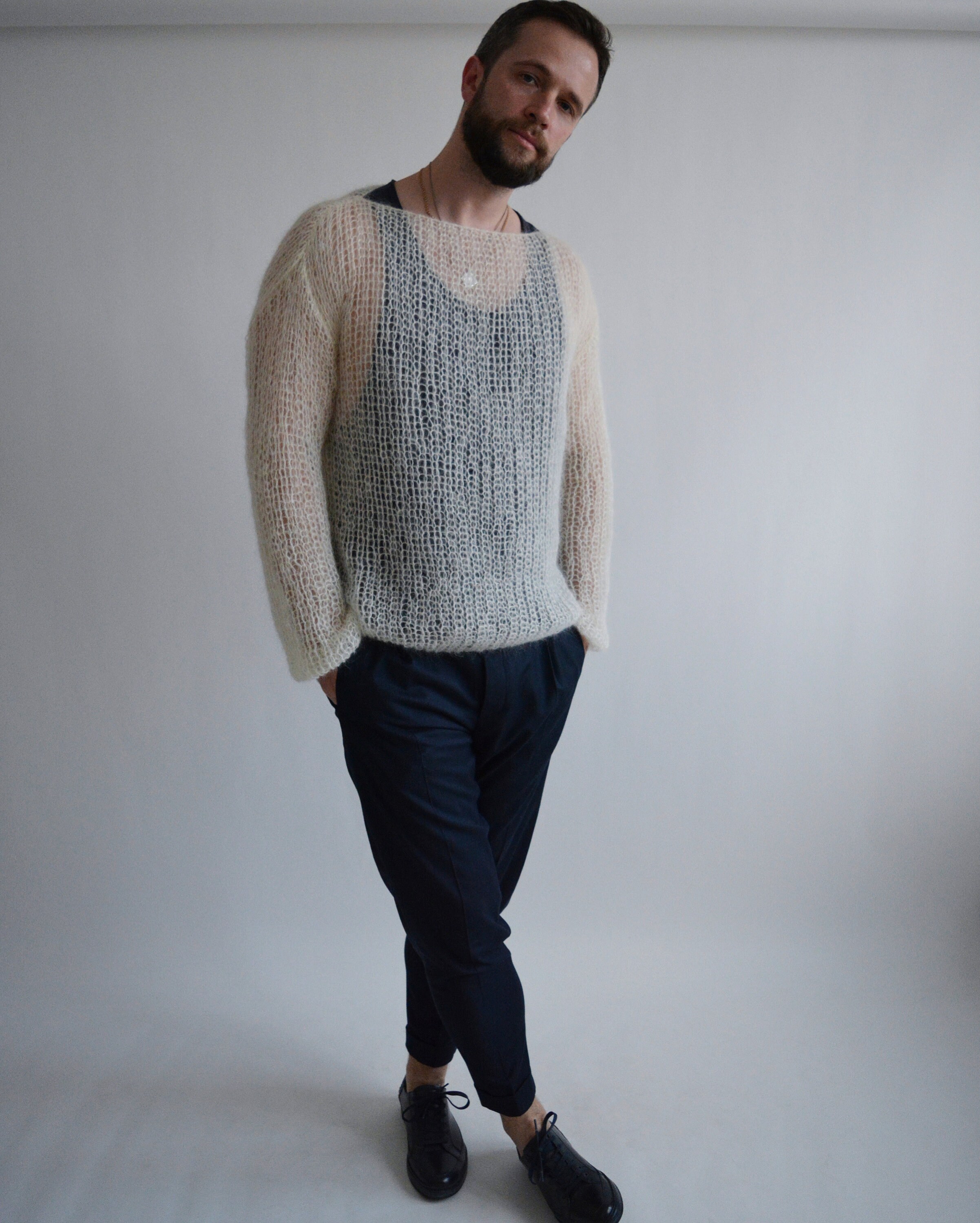 Ivory Mens Mohair Sweater Unisex Handknit Chunky Sweater Knitted 