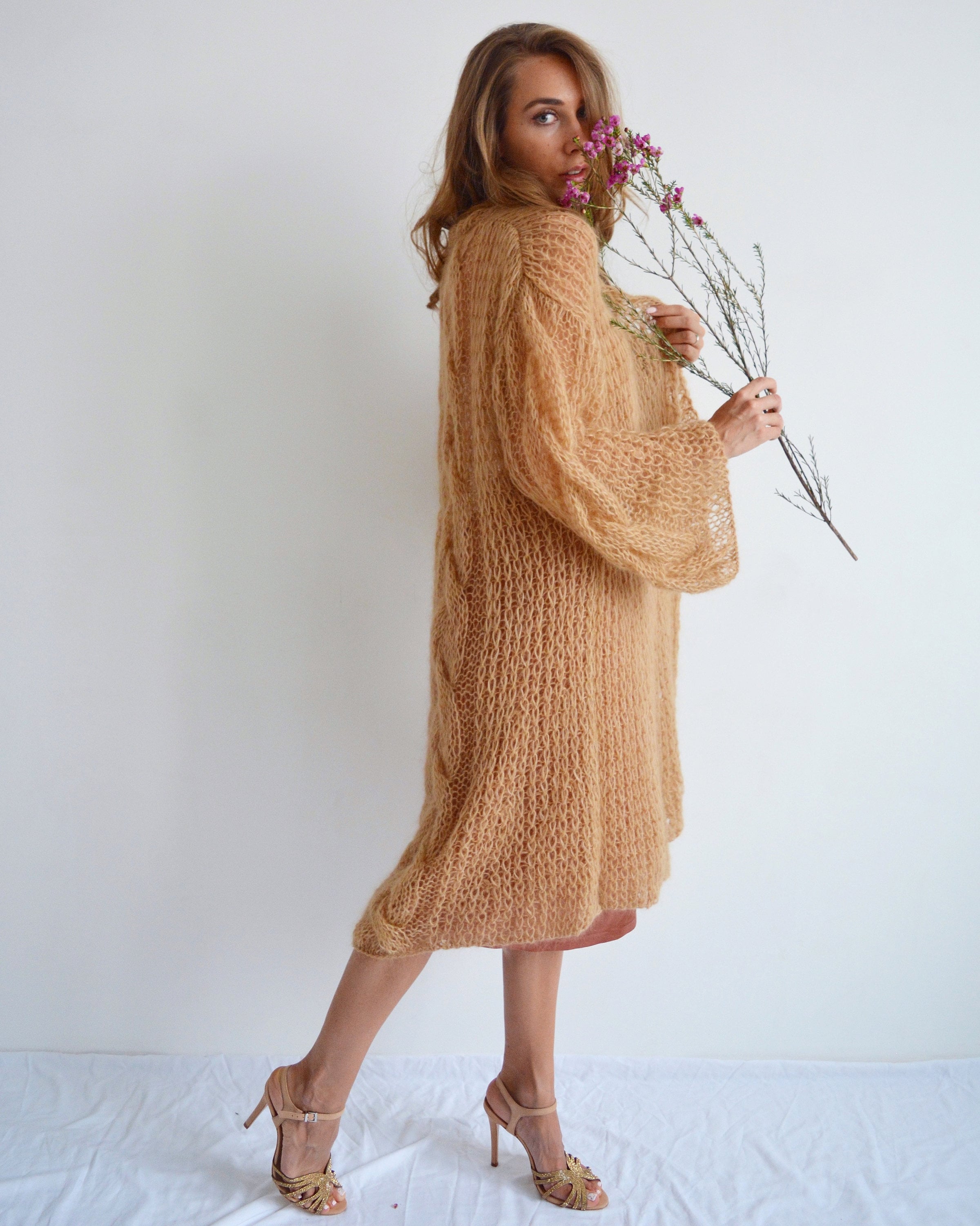 Beige Alpaca Wrap Cardigan Camel Mohair Long Cardigan Kimono Etsy