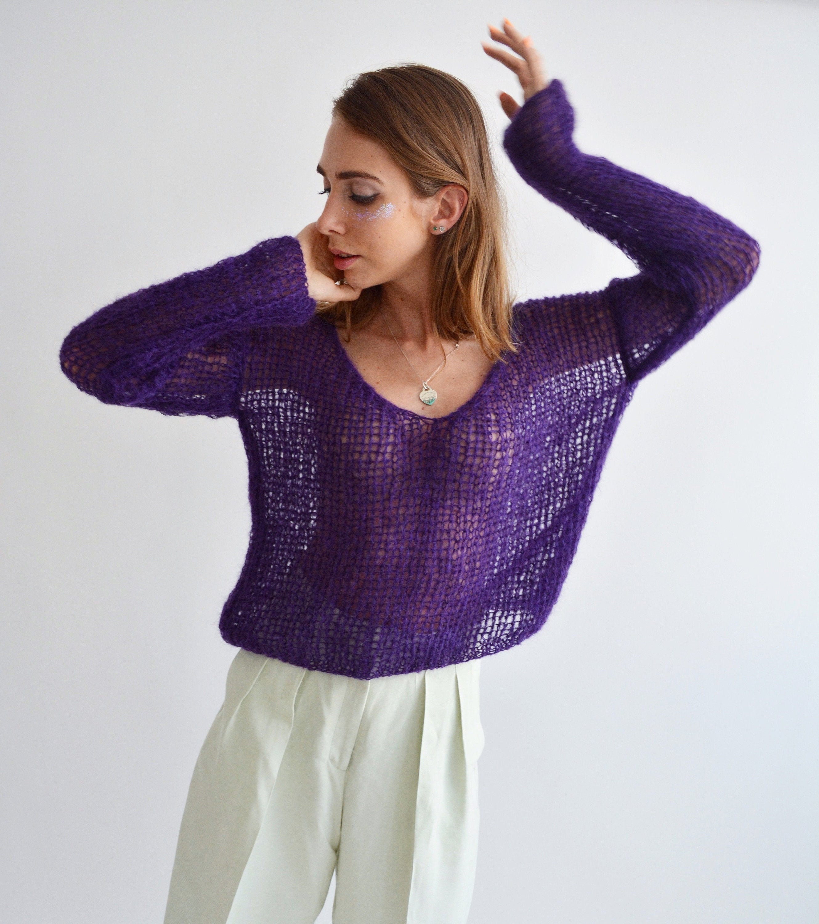 Purple V Neck Mohair Sweater Light Loose Knit Sweater Handknit Sexy Sweater Cropped Summer Sweater Bohemian Short Sweater - Etsy Purple V Neck Mohair Sweater Light Loose Knit Sweater Handknit Sexy Sweater Cropped Summer Sweater Bohemian Short Sweater - Etsy
