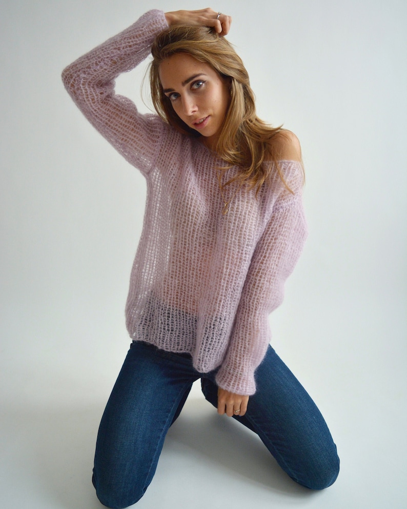 Light lilac mohair sweater, Loose handknit sweater, Oversized sexy sweater, Casual chic sweater, Bohemian off shoulder wool sweater image 1
