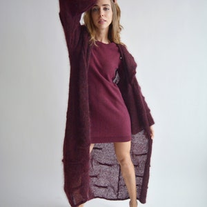 Burgundy hooded long cardigan, Mohair loose knit cardigan, Bordeaux maxi cardigan, Bohemian knitted coat, Oversize thick cardigan image 6