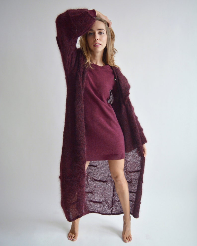 Burgundy hooded long cardigan, Mohair loose knit cardigan, Bordeaux maxi cardigan, Bohemian knitted coat, Oversize thick cardigan image 6