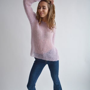 Light lilac mohair sweater, Loose handknit sweater, Oversized sexy sweater, Casual chic sweater, Bohemian off shoulder wool sweater image 2
