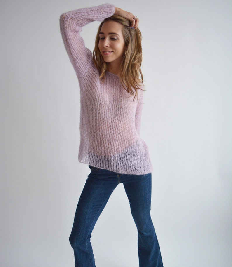 Light lilac mohair sweater, Loose handknit sweater, Oversized sexy sweater, Casual chic sweater, Bohemian off shoulder wool sweater image 2