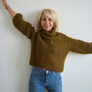 Green khaki mohair turtleneck sweater, Olive loose knit sweater, Thick handknit wool sweater, Oversize warm chunky sweater image 7