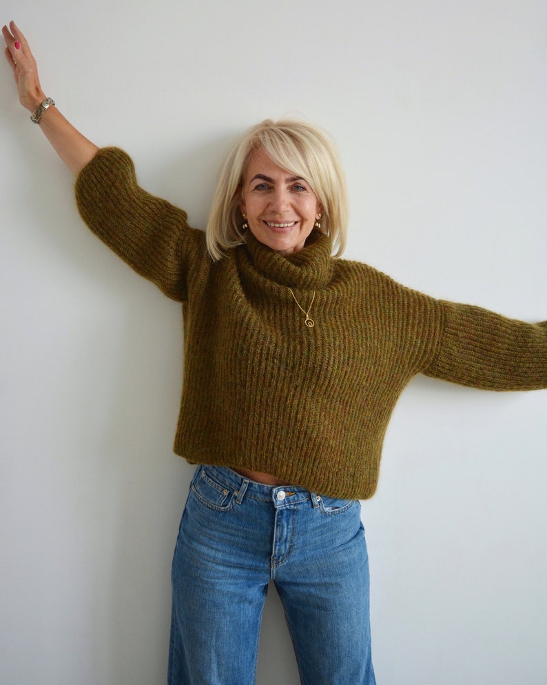 Green khaki mohair turtleneck sweater, Olive loose knit sweater, Thick handknit wool sweater, Oversize warm chunky sweater image 7