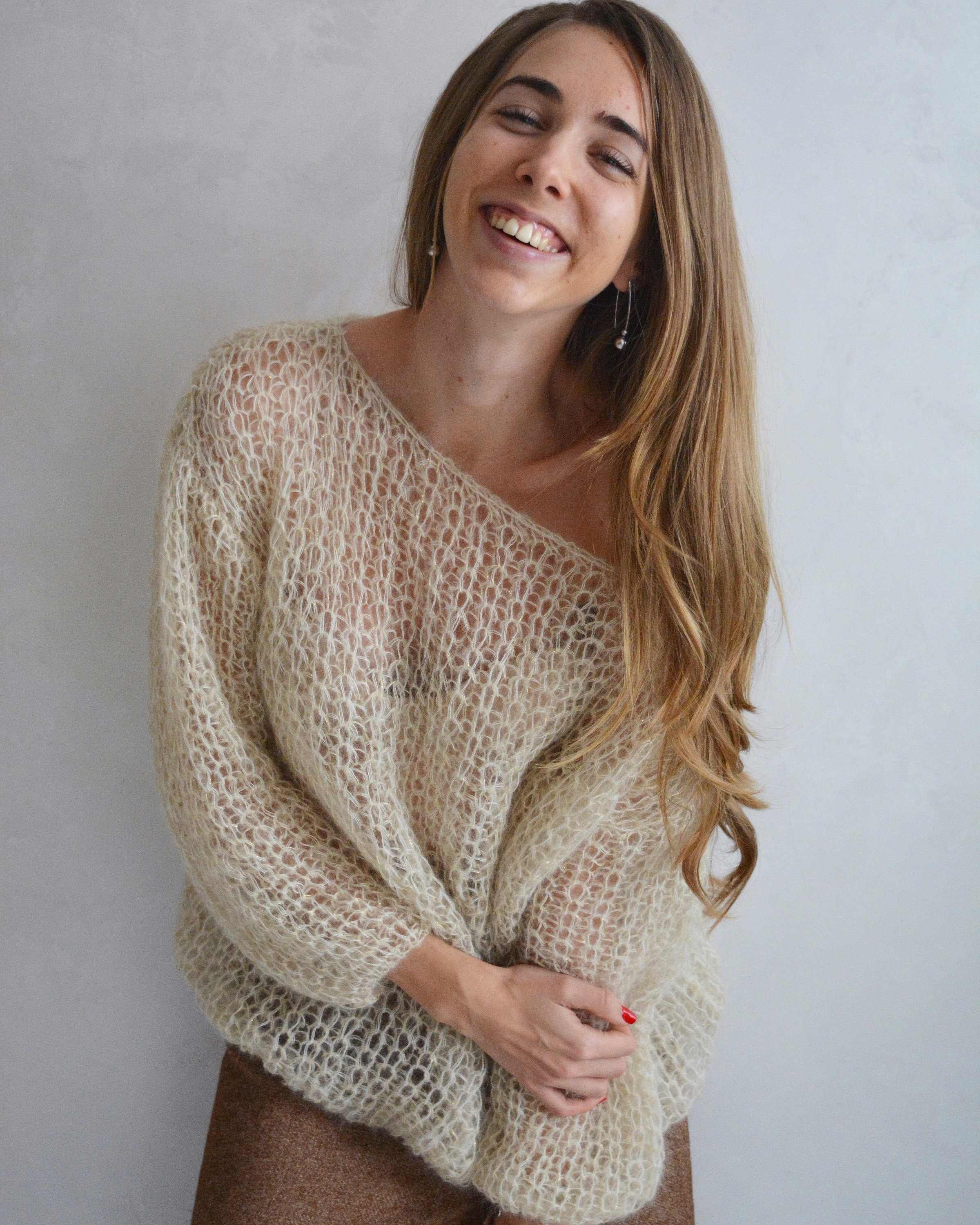 Cream Light Mohair Sweater With Lurex, off Shoulder Chic Cream Light Mohair Sweater With Lurex, off Shoulder Chic