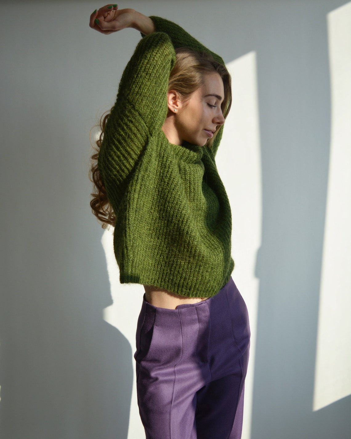Green creative turtleneck sweater Mohair chunky sweater Thick | Etsy