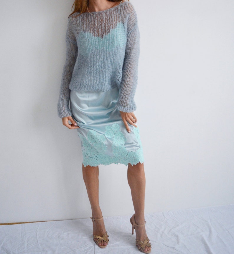 Gray blue cropped mohair sweater Light evening cover up Wedding handknit sweater Bridal soft sweater Short party sweater image 2