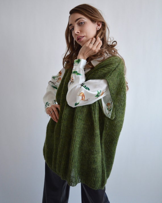Green Mohair Sweater Vest Loose Sleeveless Sweater Knitted