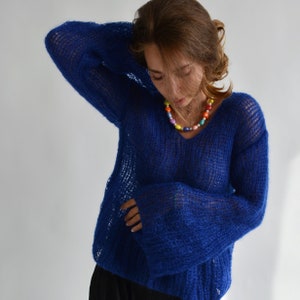 Blue Kid Mohair Sweater | Handmade Oversized Knit Pullover | Luxury Lightweight Sweater Bild 3