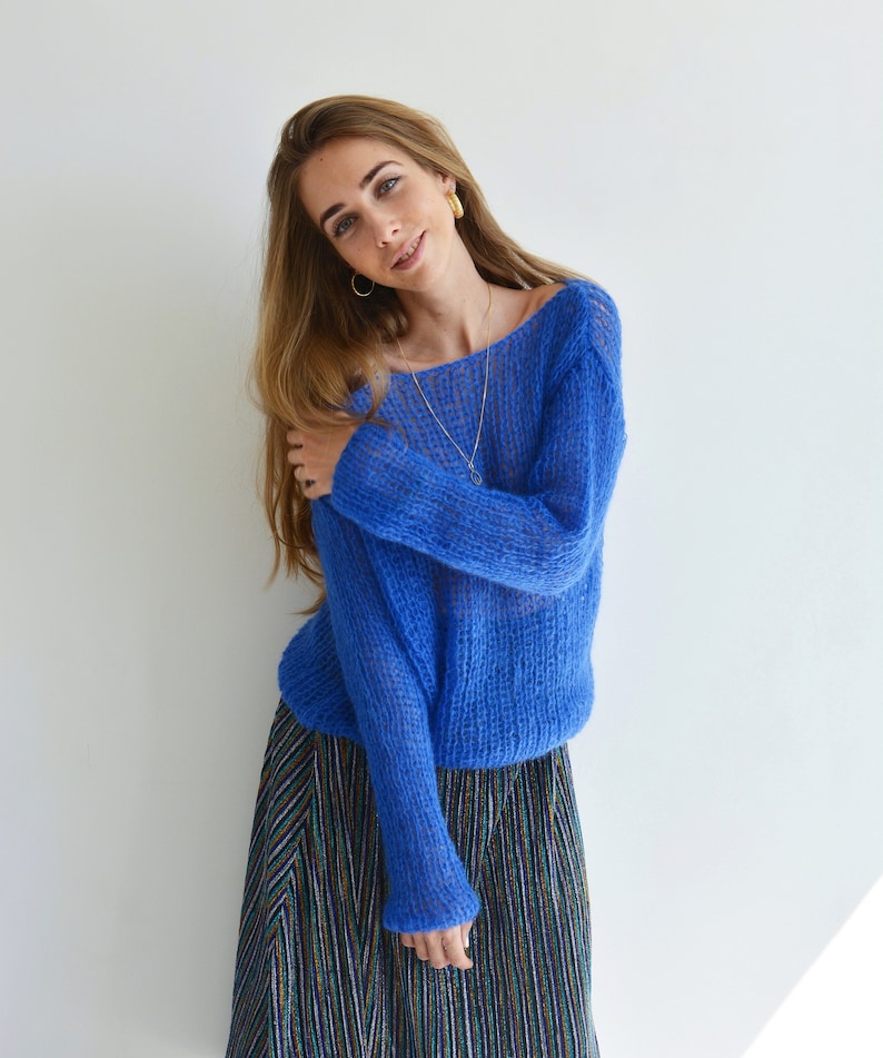 Electric blue mohair sweater Off shoulder oversized sweater Etsy