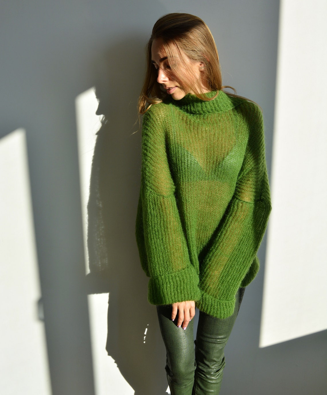 Green mohair turtleneck sweater Loose knit bohemian warm | Etsy