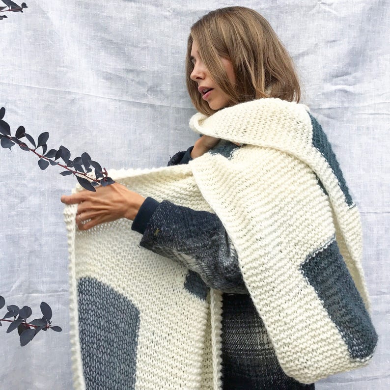 White merino wool winter scarf, Unisex chunky knit scarf, Warm handmade scarf, Long fashion scarf, Blanket oversized scarf, Mohair scarf image 4