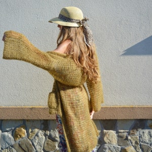 Cardigan in mohair senape Cardigan asimmetrico marrone Cardigan lungo con tasca Cardigan leggero Cardigan oro Cardigan boho Cardigan estivo