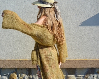 Mustard mohair cardigan Brown asymmetric cardigan Long cardigan with pocket Light cardigan Gold cardigan Boho cardigan Summer cardigan