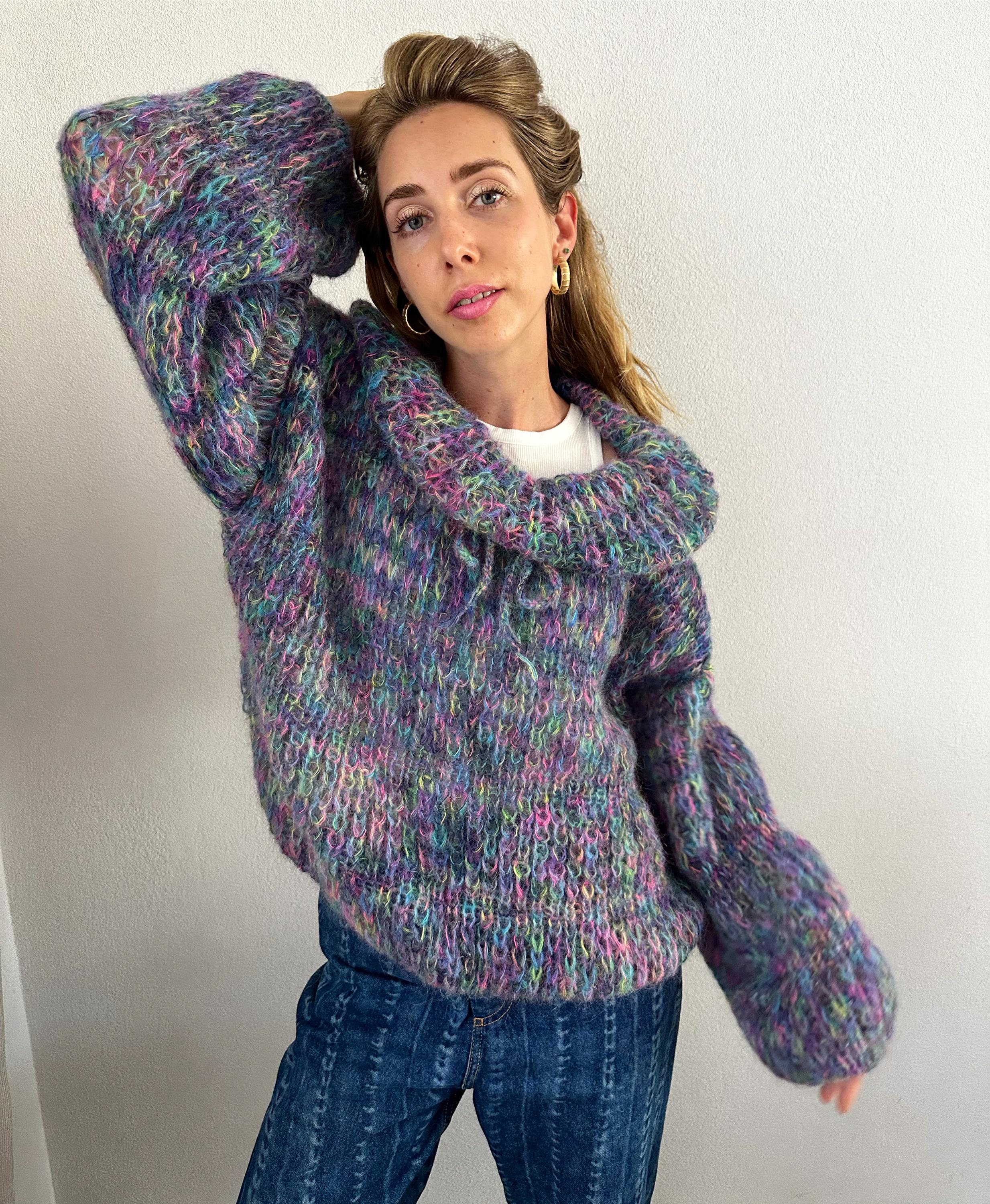 Blue creative mohair sweater Turtleneck alpaca sweater Bright handknit sweater Loose off shoulder sweater Chunky oversized wool sweater