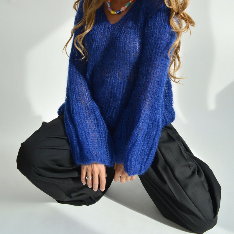Blue Kid Mohair Sweater | Handmade Oversized Knit Pullover | Luxury Lightweight Sweater Bild 4