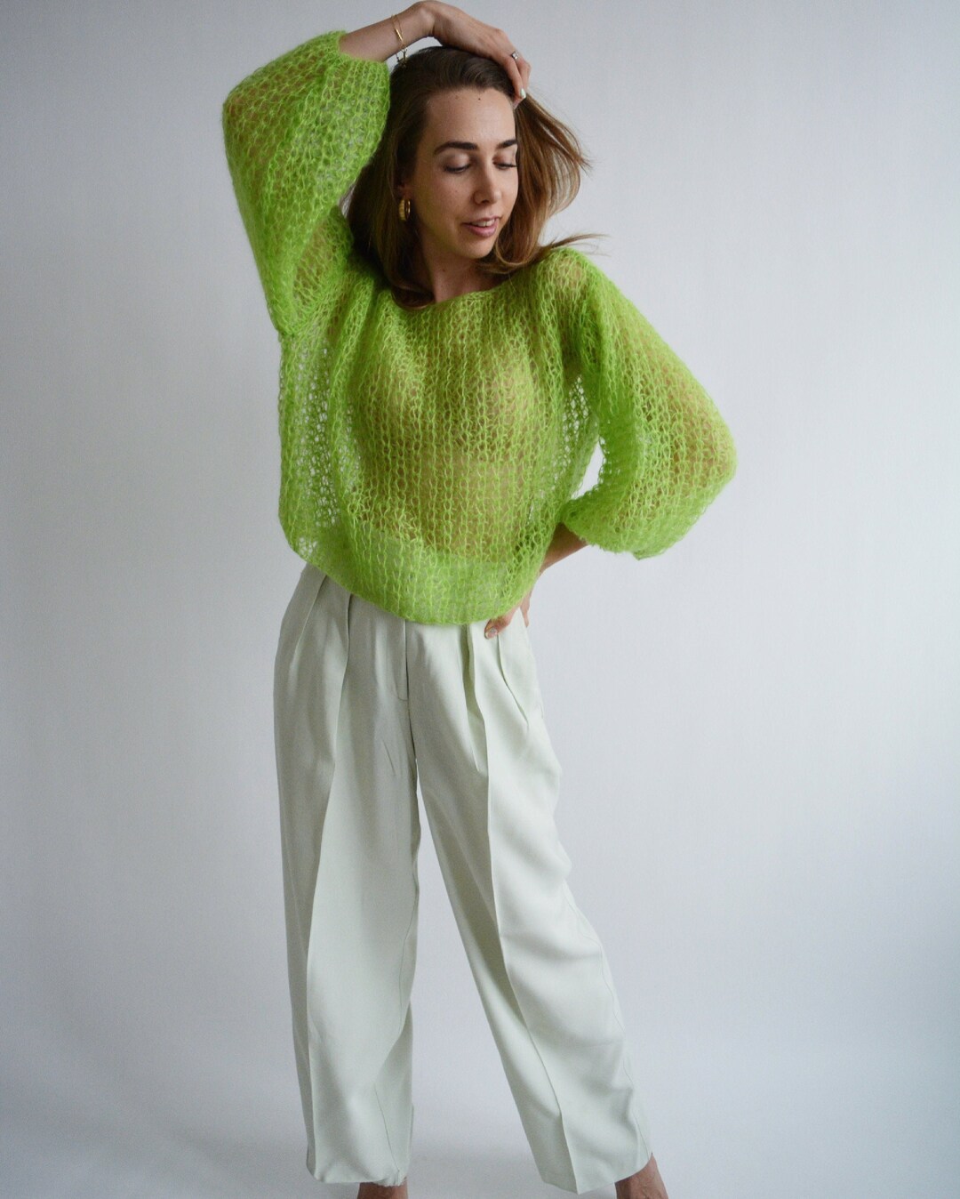 ニット/セーター Stripe Mohair Wide Top and Scarf / Green COS Striped Mohair Sweater (M) | Used, Secondhand