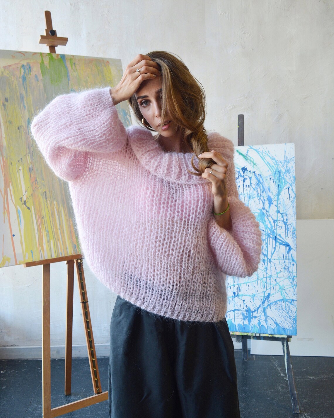 Light pink mohair sweater Alpaca turtleneck sweater Slouchy Etsy