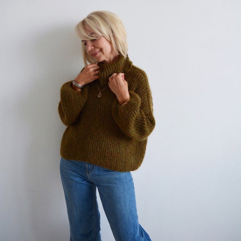 Green khaki mohair turtleneck sweater, Olive loose knit sweater, Thick handknit wool sweater, Oversize warm chunky sweater image 2