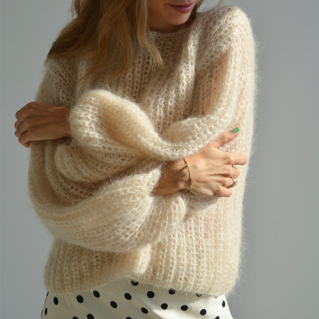 Cream Mohair Handknit Sweater Beige Thick Sweater Wedding Warm - Etsy