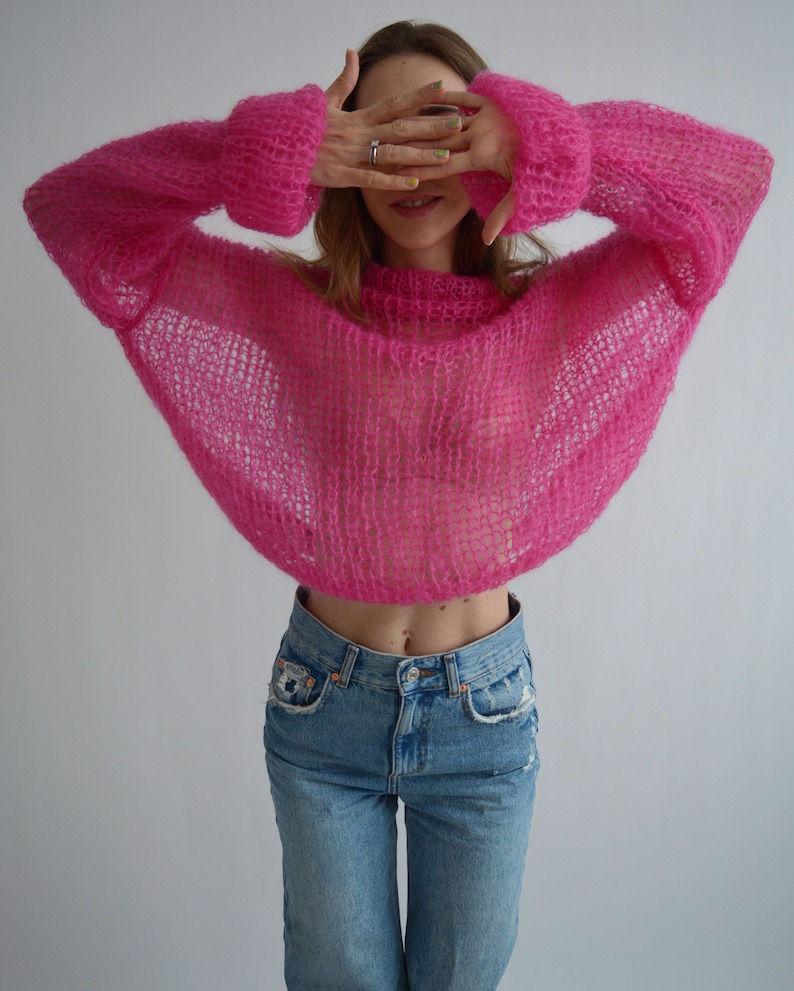 Bright fuchsia pink sweater Turtleneck mohair sweater Loose handknit sweater Soft sexy wool sweater Stylish oversized knit sweater image 9