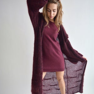 Burgundy hooded long cardigan, Mohair loose knit cardigan, Bordeaux maxi cardigan, Bohemian knitted coat, Oversize thick cardigan image 10