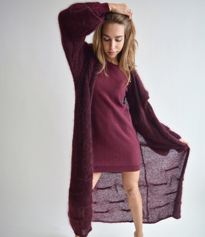 Burgundy hooded long cardigan, Mohair loose knit cardigan, Bordeaux maxi cardigan, Bohemian knitted coat, Oversize thick cardigan image 10