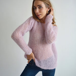 Light lilac mohair sweater, Loose handknit sweater, Oversized sexy sweater, Casual chic sweater, Bohemian off shoulder wool sweater image 5
