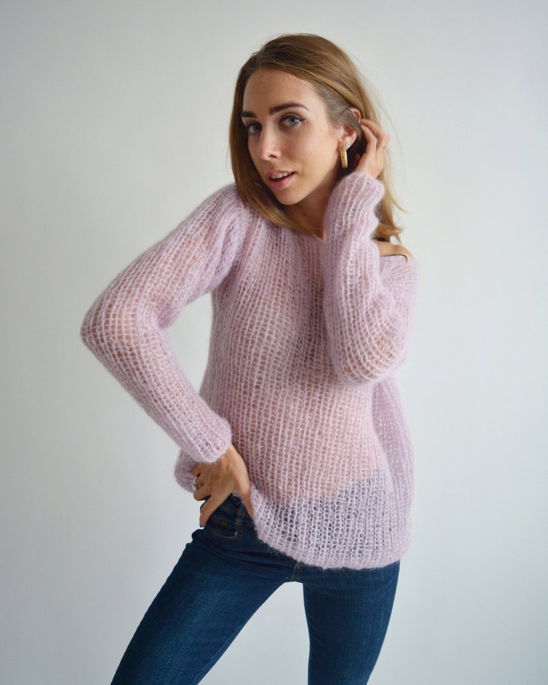 Light lilac mohair sweater, Loose handknit sweater, Oversized sexy sweater, Casual chic sweater, Bohemian off shoulder wool sweater image 5