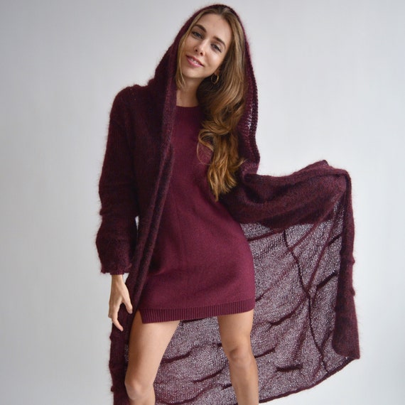 Burgundy hooded long cardigan, Mohair loose knit cardigan, Bordeaux maxi cardigan, Bohemian knitted coat, Oversize thick cardigan