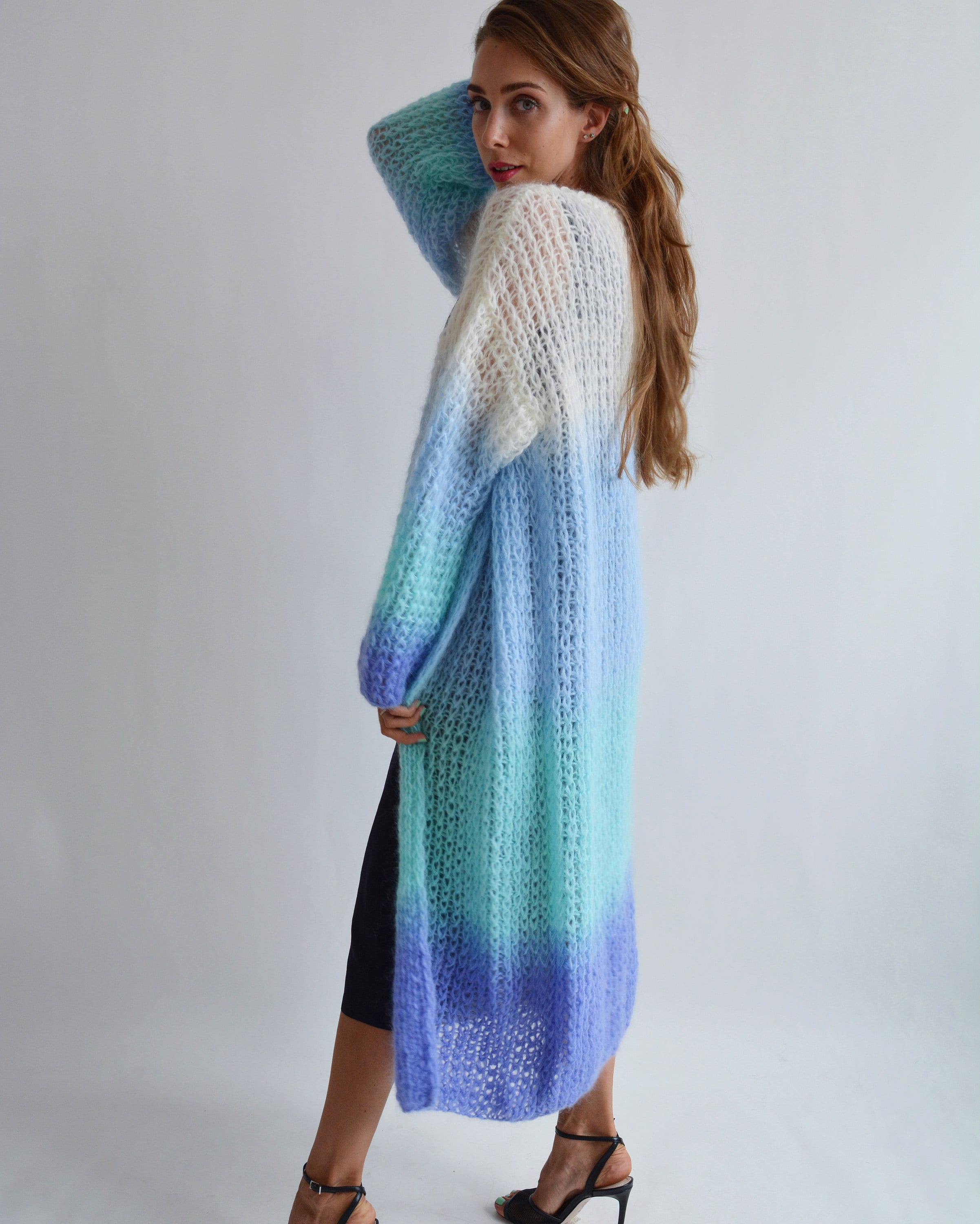 Blue thick mohair cardigan Long ombre 