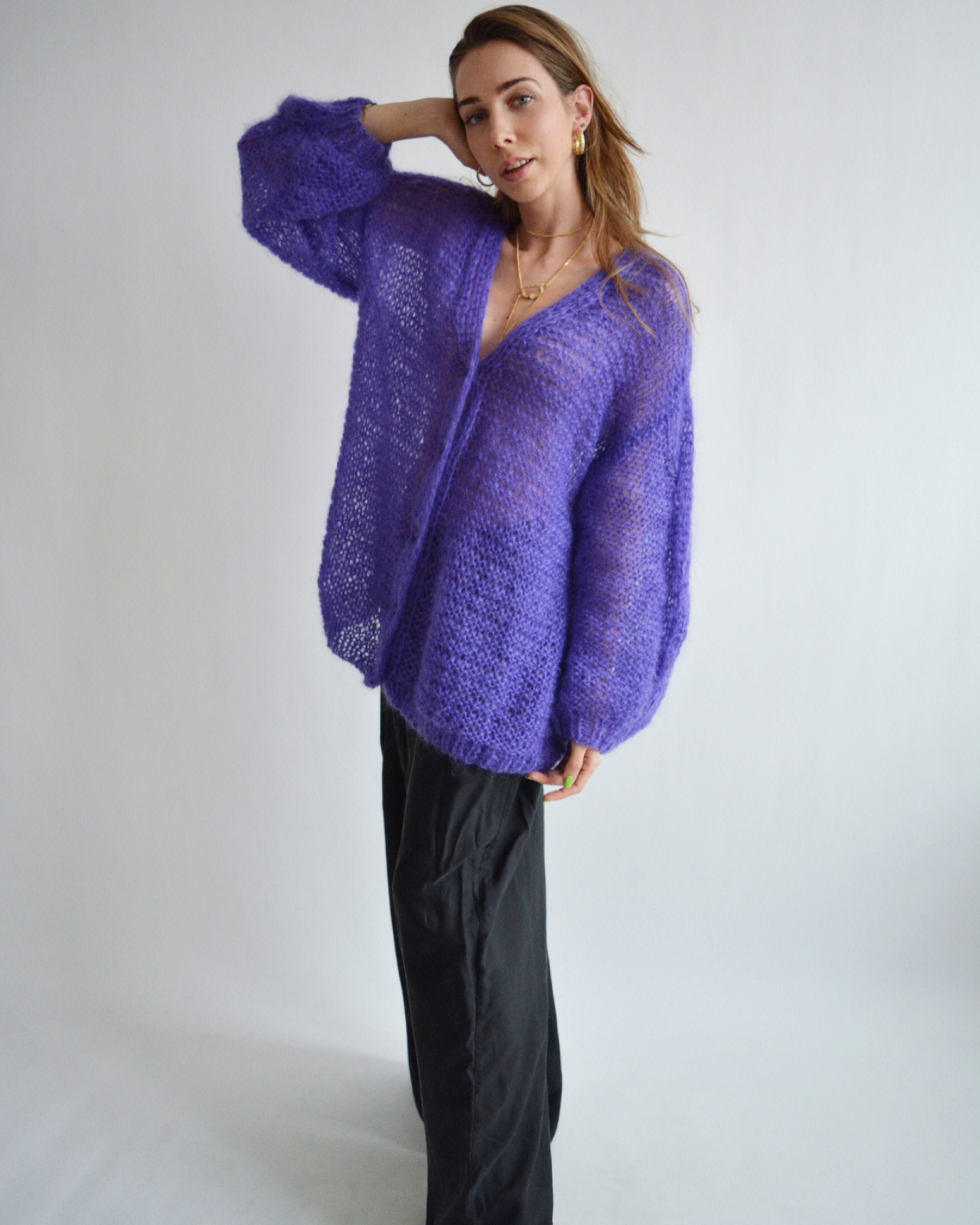 Purple Mohair Cardigan Loose Sexy Cardigan Buttoned