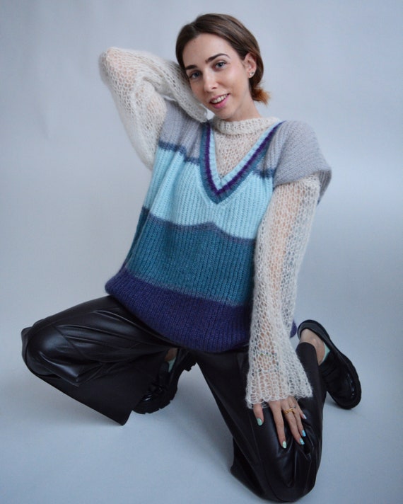 Blue Striped Mohair Vest Rainbow Sleeveless Sweater Chunky