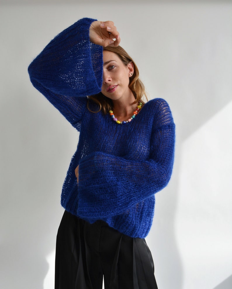 Blue Kid Mohair Sweater | Handmade Oversized Knit Pullover | Luxury Lightweight Sweater Bild 7