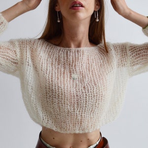 Handknit Mohair Cropped Sweater for all occasions: Bohemian Mesh, Ivory White