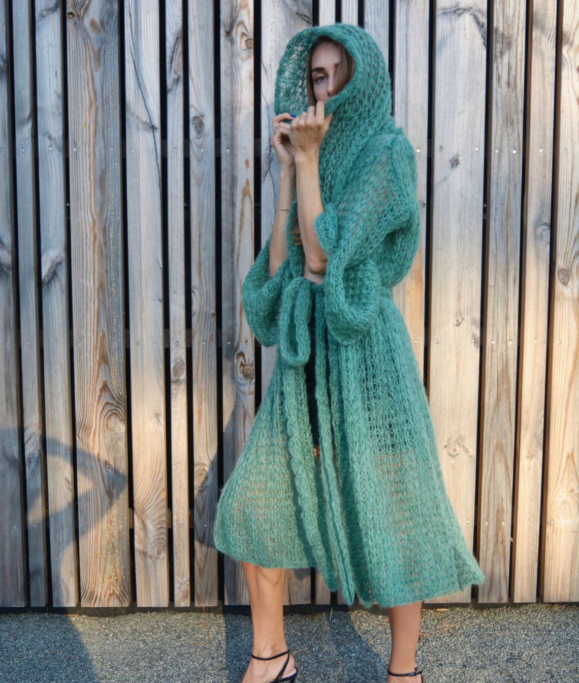 Green hooded cardigan Long mohair cardigan Belted creative Etsy