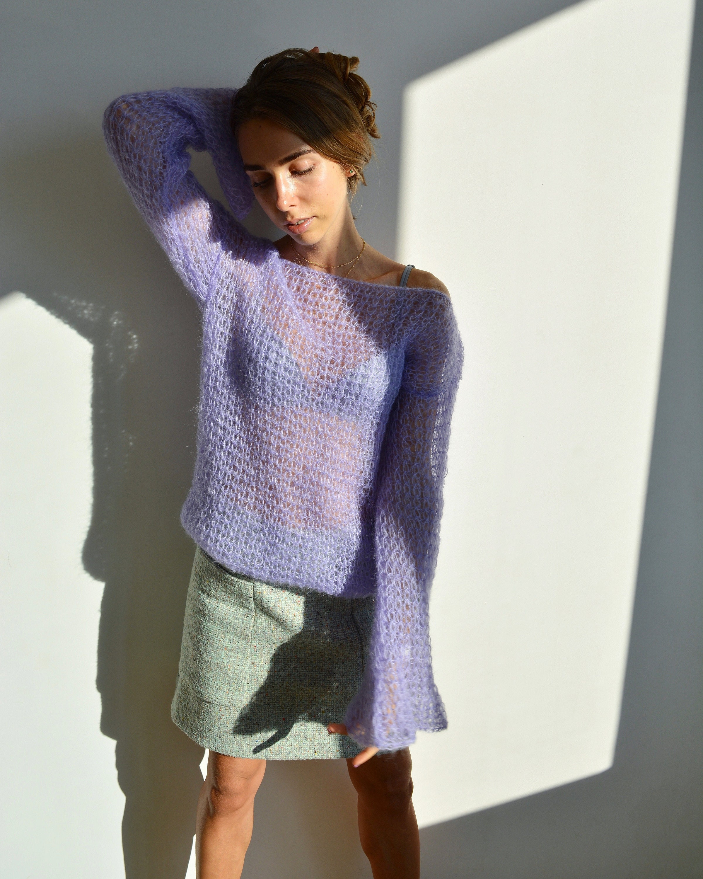 Purple Lavender Mohair Sweater, Loose Handknit Soft Sweater