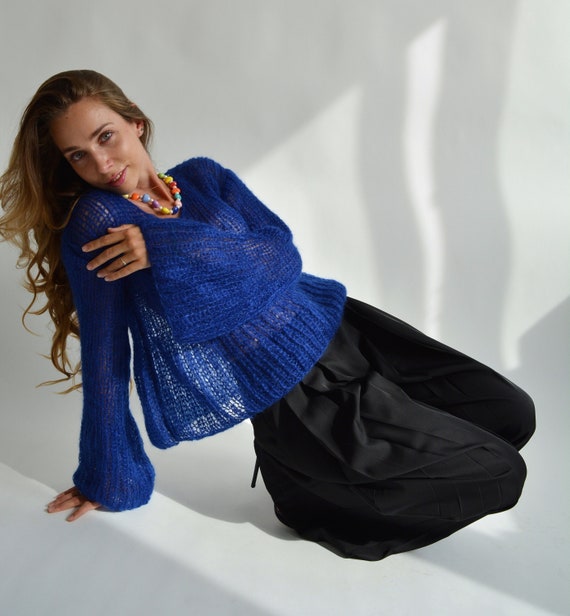 Blue Kid Mohair Sweater | Handmade Oversized Knit Pullover | Luxury Lightweight Sweater