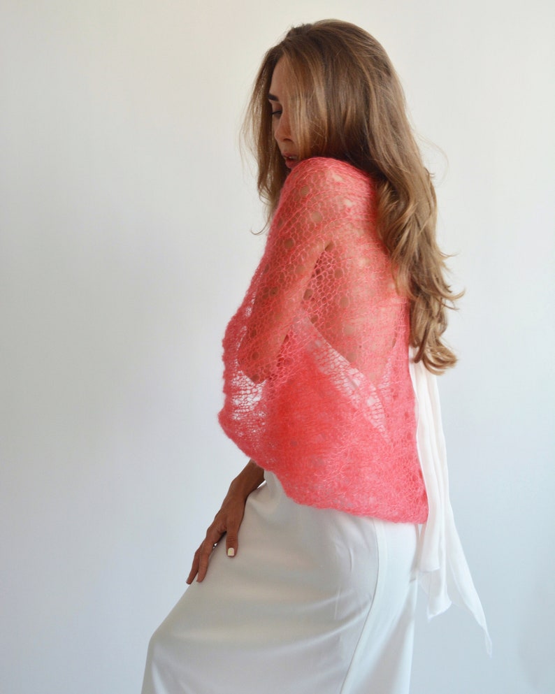 Coral silk mohair shawl, Wedding bolero shrug, Bridal knitted shawl, Evening shawl, Bridesmaid light bolero, Bridal cover up, Bridal wrap image 2