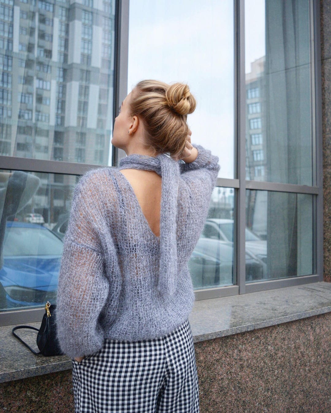 Gray Mohair Open Back Sweater V Neck Loose Sweater Wool Handknit