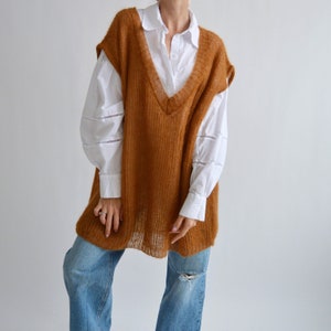 Brown mohair sweater vest Loose V neck vest Sleeveless knitted sweater Chunky wool top Stylish waistcoat Handknit vest Long oversized vest image 9