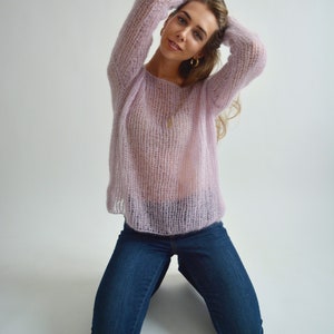 Light lilac mohair sweater, Loose handknit sweater, Oversized sexy sweater, Casual chic sweater, Bohemian off shoulder wool sweater image 8