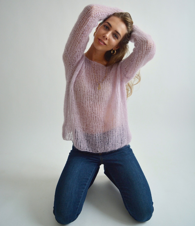 Light lilac mohair sweater, Loose handknit sweater, Oversized sexy sweater, Casual chic sweater, Bohemian off shoulder wool sweater image 8